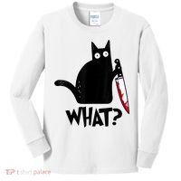 Cat What? Funny Black Cat Murderous Cat With Knife Kids Long Sleeve Shirt thumb 0