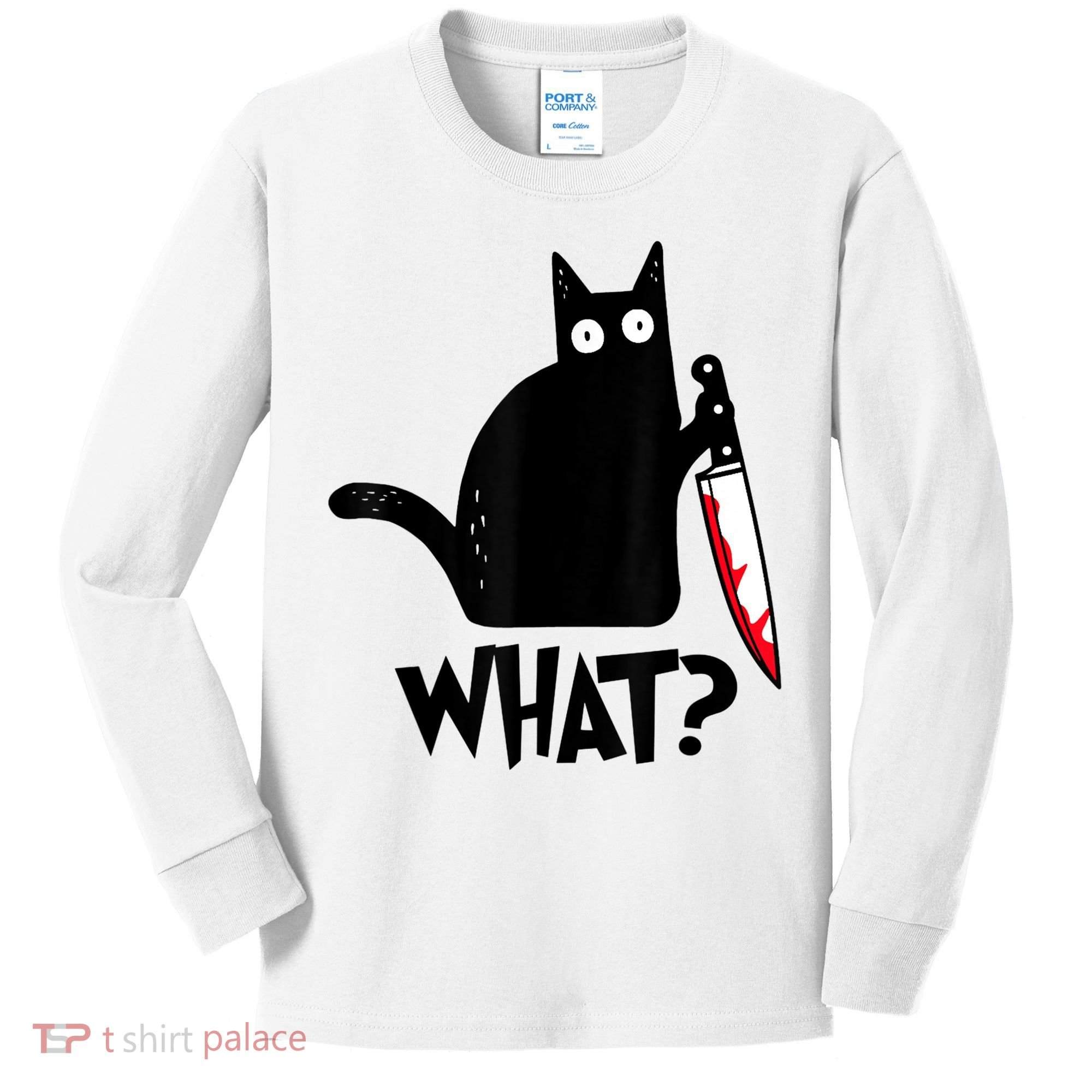 Cat What? Funny Black Cat Murderous Cat With Knife Kids Long Sleeve Shirt