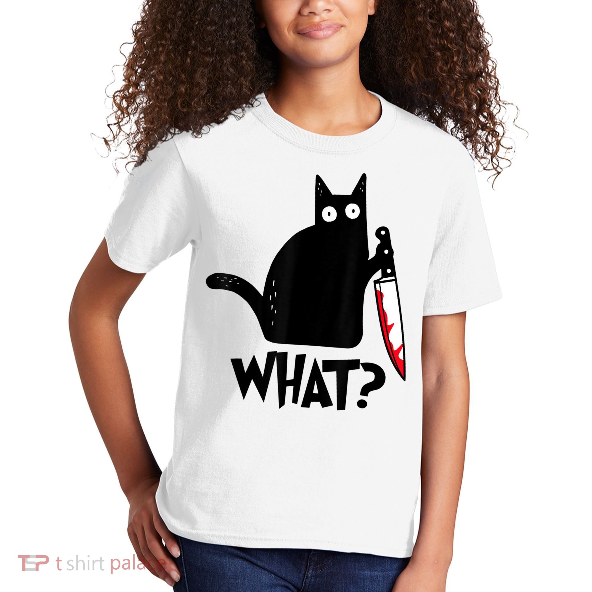 Cat What? Funny Black Cat Murderous Cat With Knife Kids T-Shirt
