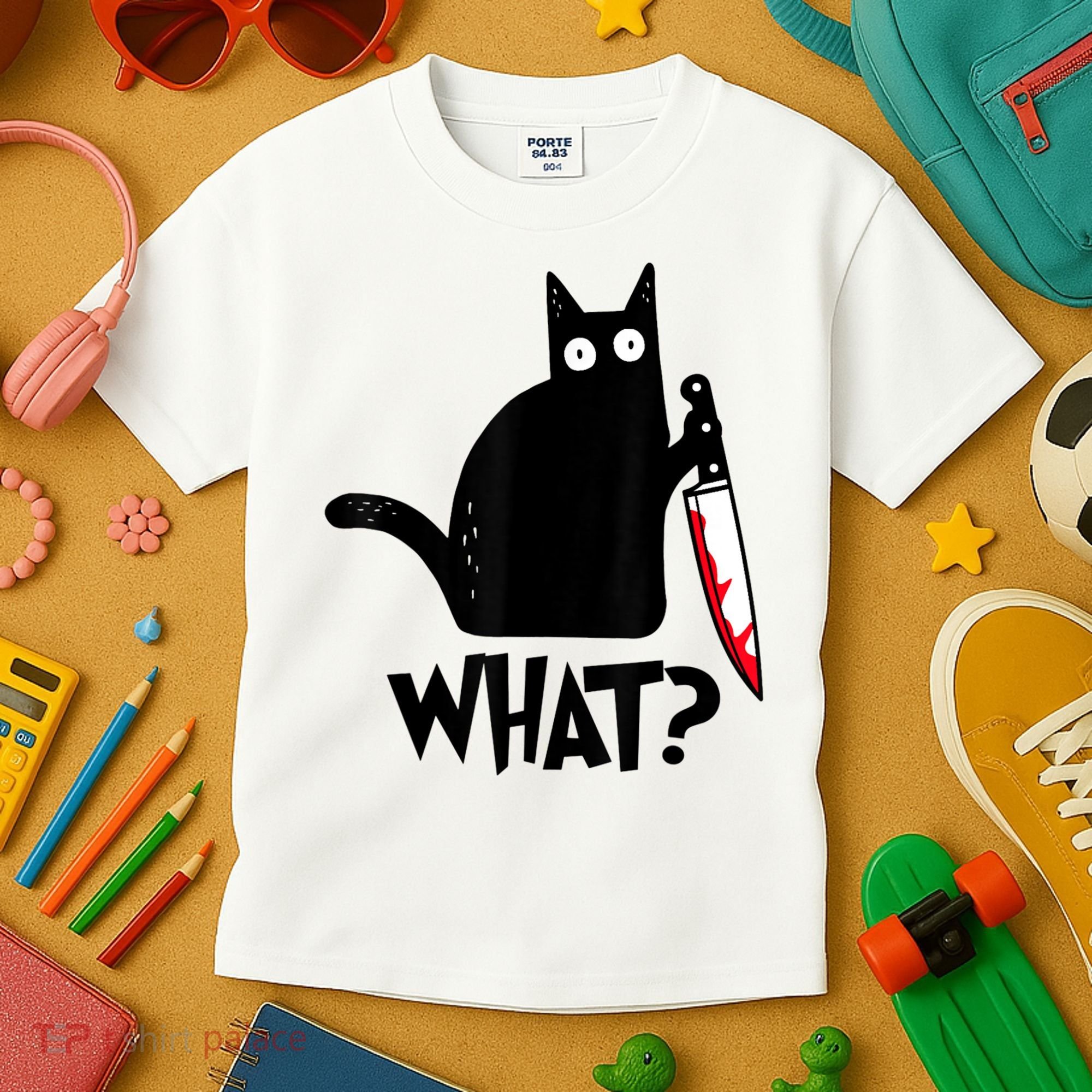 Cat What? Funny Black Cat Murderous Cat With Knife Kids T-Shirt