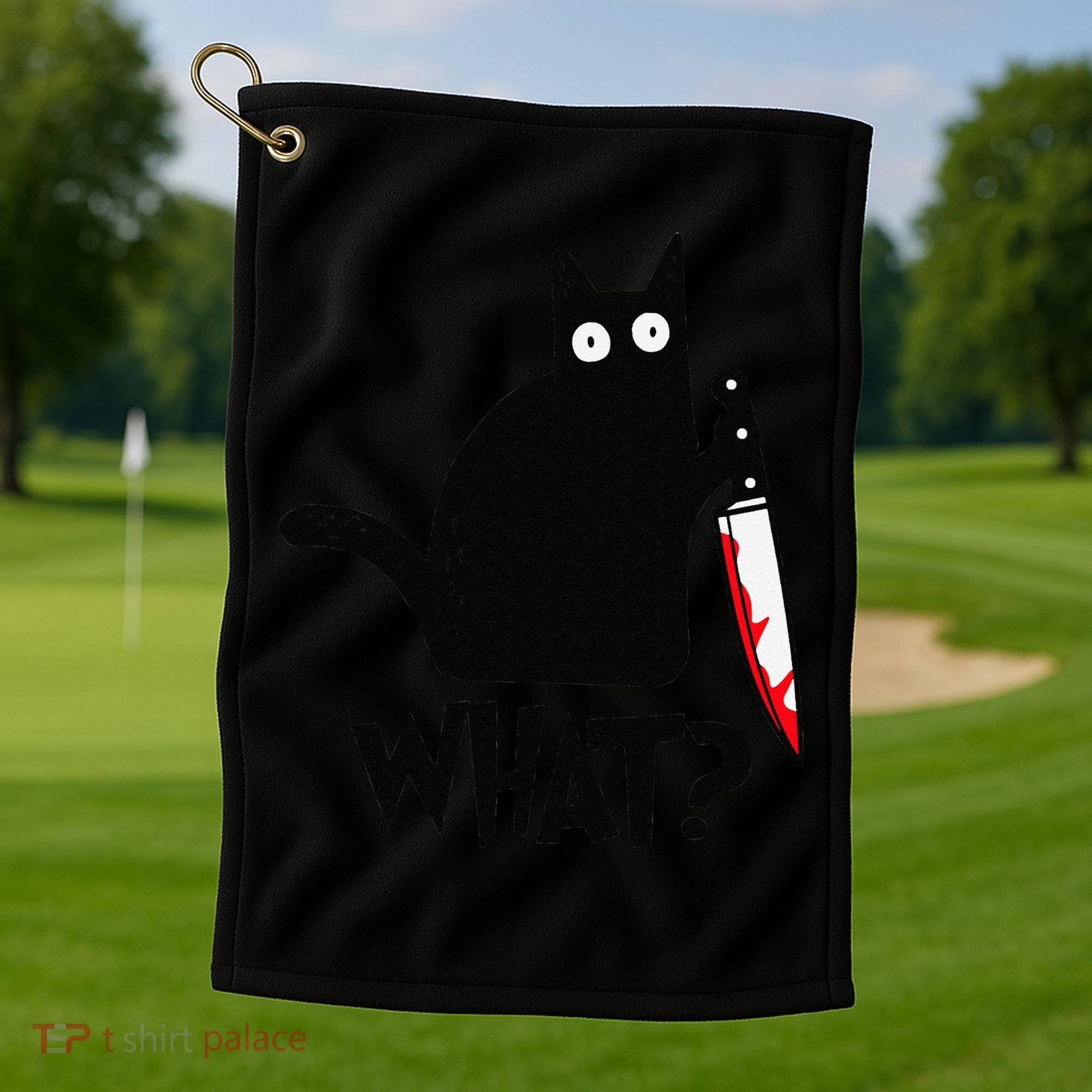 Cat What Funny Black Cat Murderous Cat With Knife Golf Towel