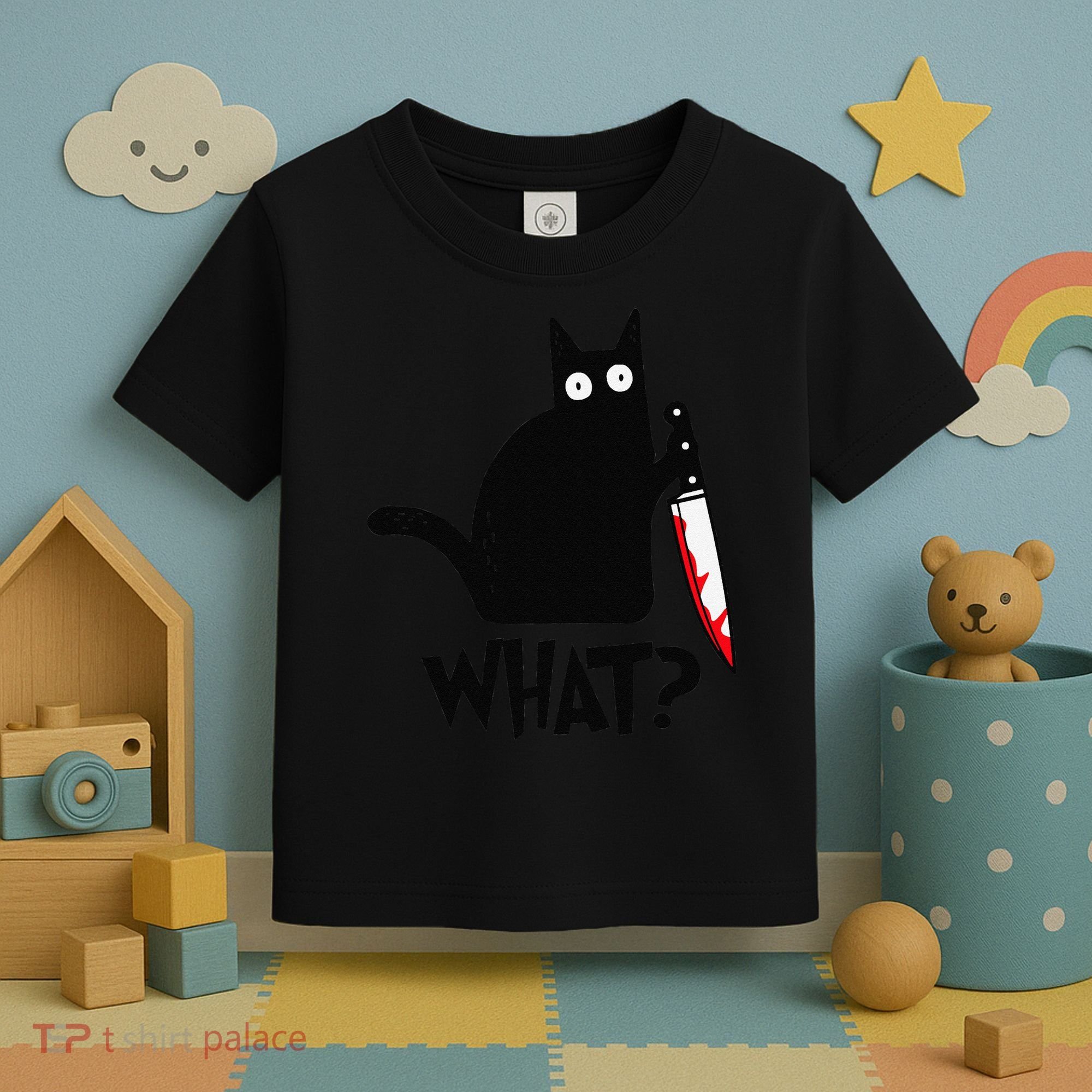 Cat What Funny Black Cat Murderous Cat With Knife Toddler T-Shirt