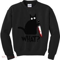Cat What Funny Black Cat Murderous Cat With Knife Kids Sweatshirt thumb 0