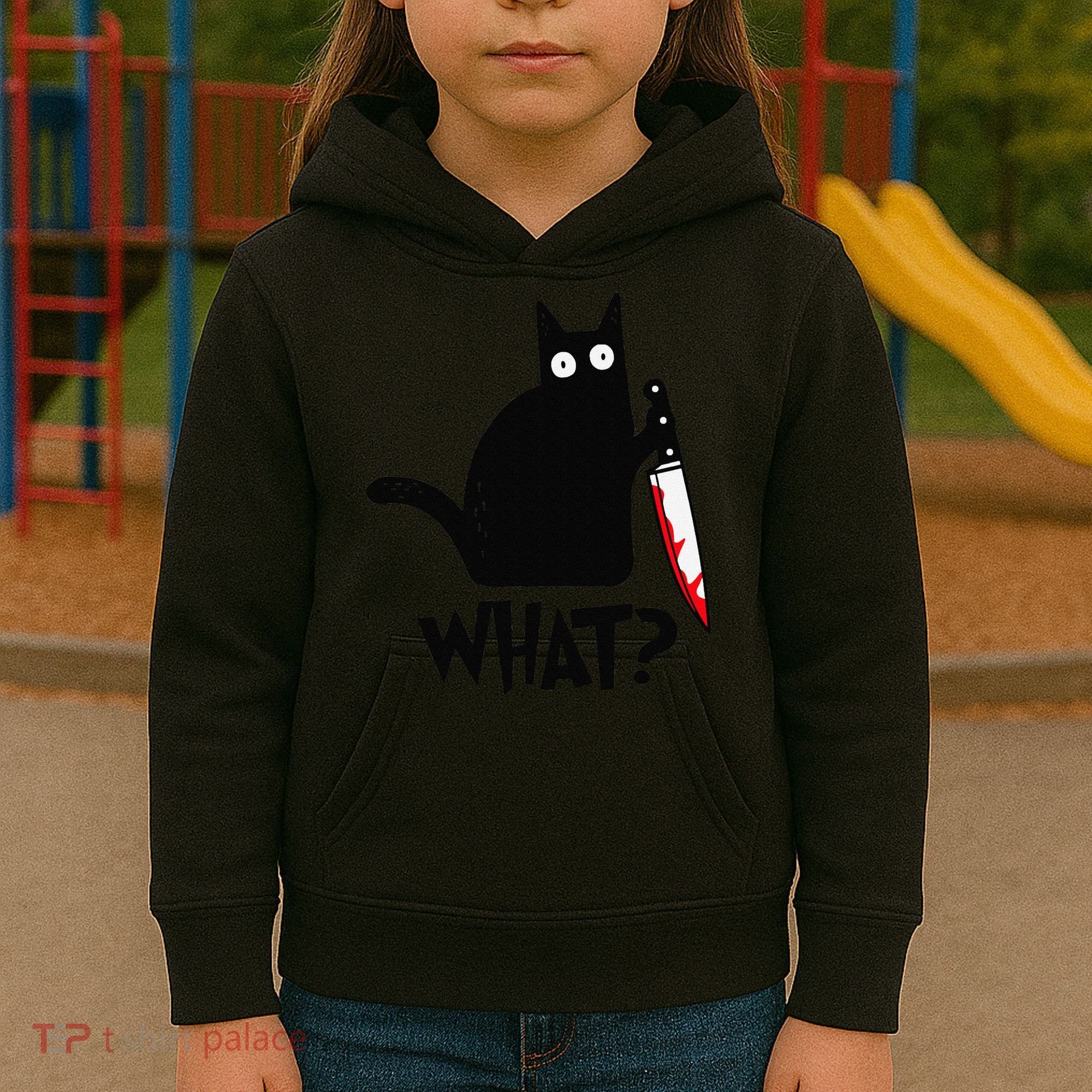 Cat What Funny Black Cat Murderous Cat With Knife Kids Hoodie