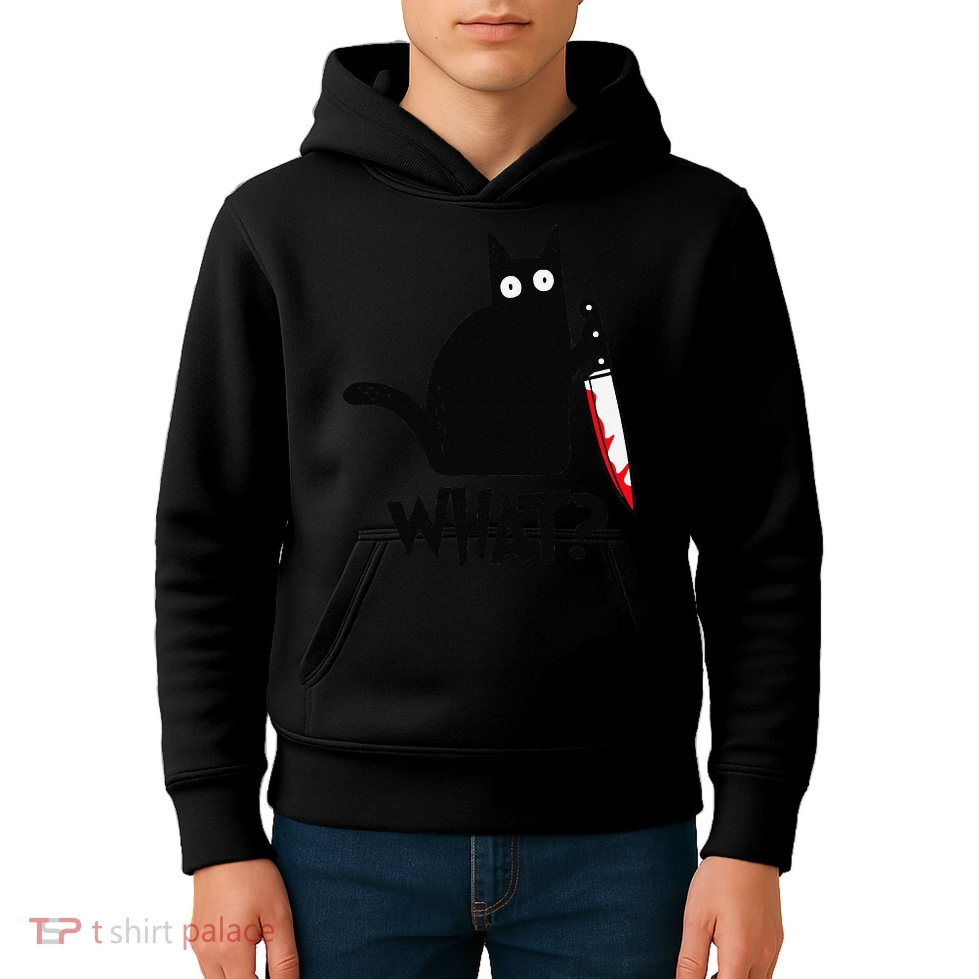 Cat What Funny Black Cat Murderous Cat With Knife Kids Hoodie