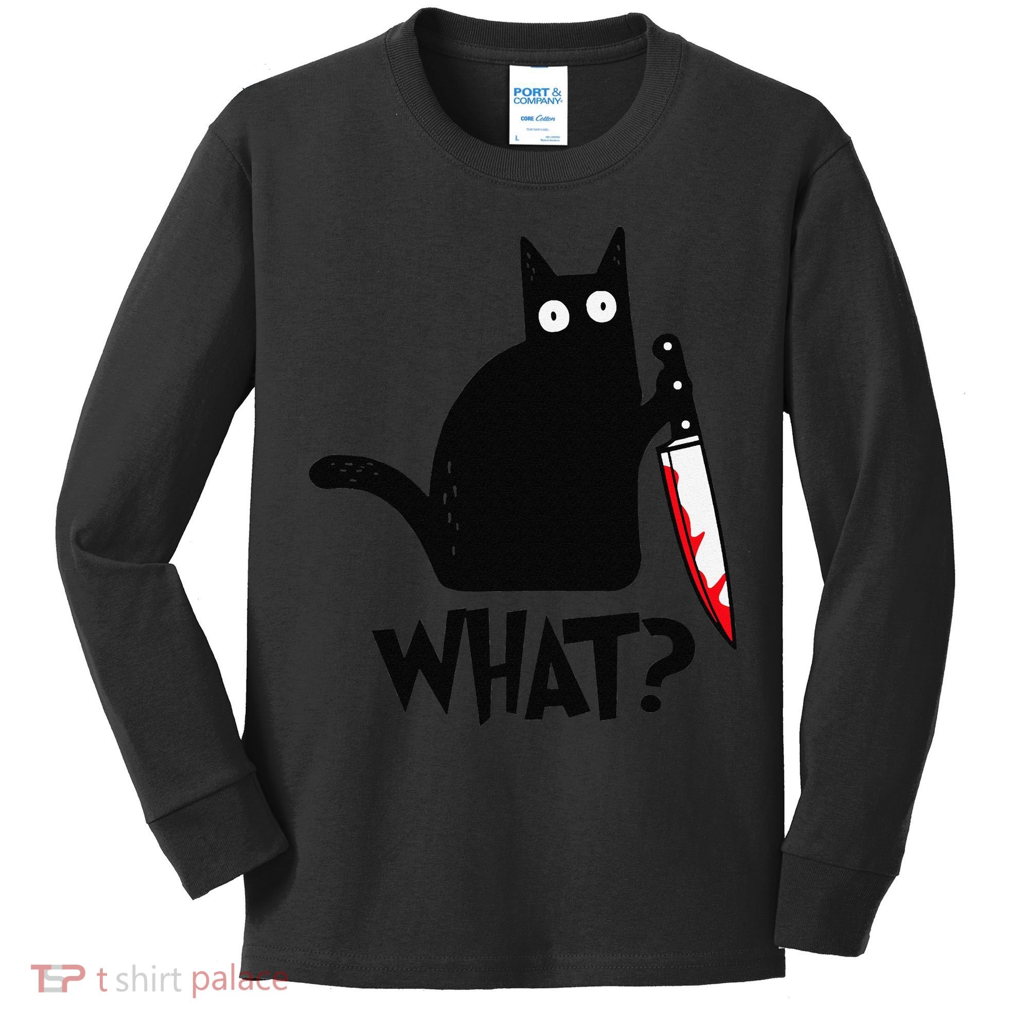 Cat What Funny Black Cat Murderous Cat With Knife Kids Long Sleeve Shirt