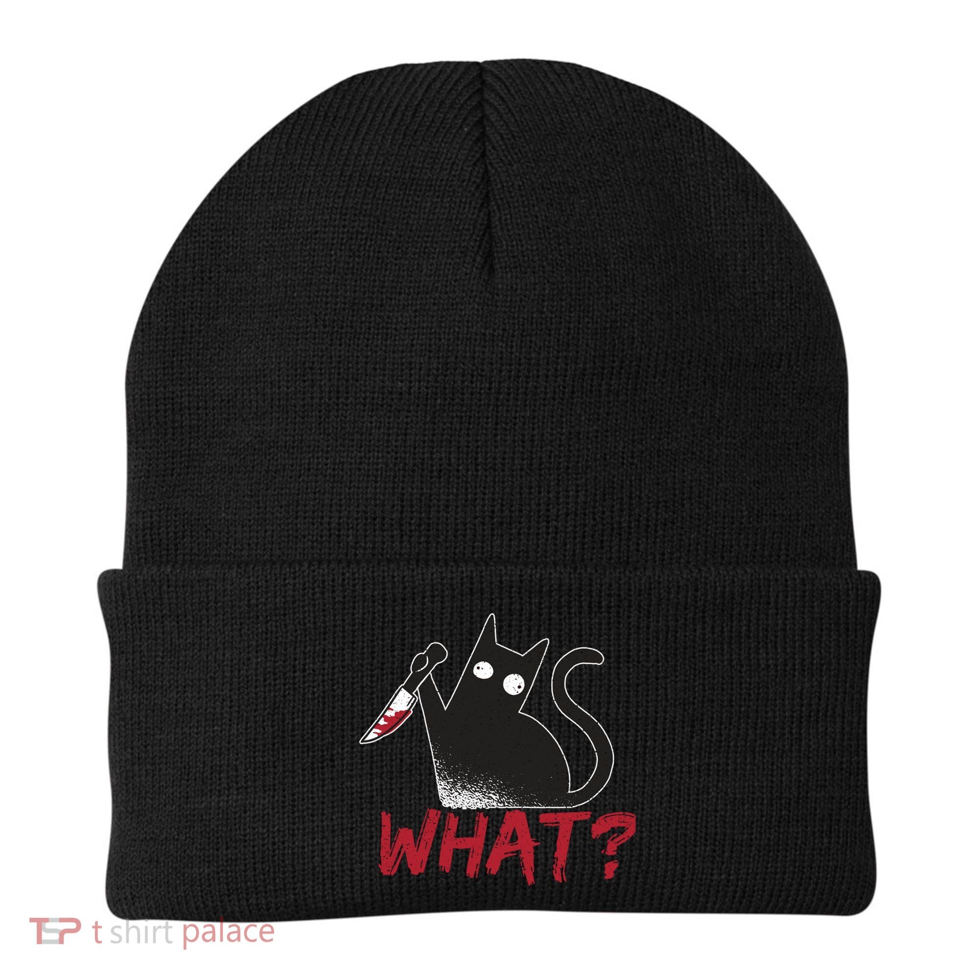 Cat What? Funny Black Cat Murderous Cat With Knife Cool Gift Beanie