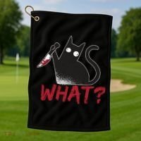 Cat What? Funny Black Cat Murderous Cat With Knife Cool Gift Golf Towel thumb 1