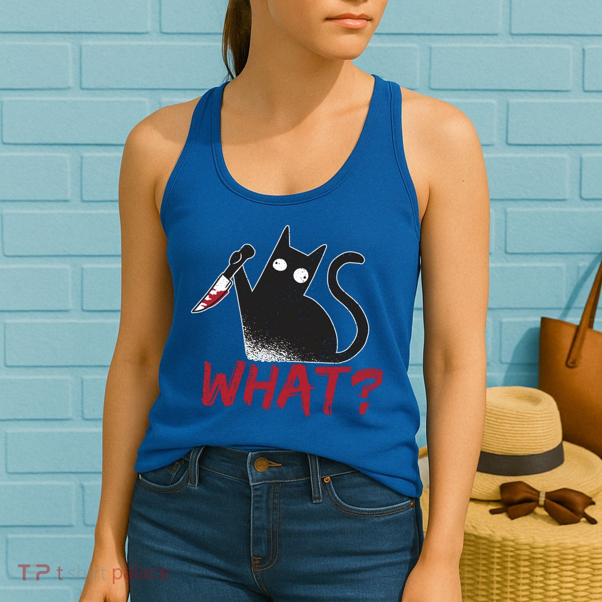 Cat What? Funny Black Cat Murderous Cat With Knife Cool Gift Women's Tank Top