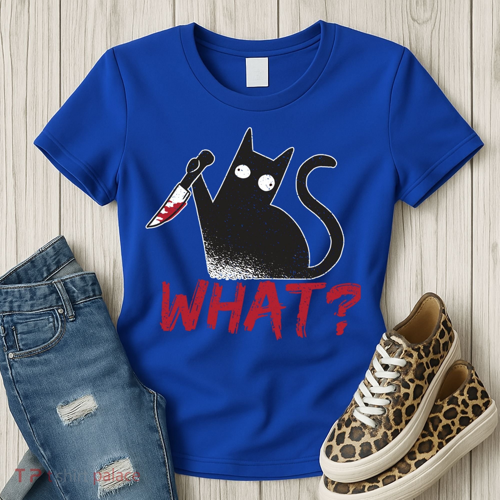 Cat What? Funny Black Cat Murderous Cat With Knife Cool Gift Women's T-Shirt