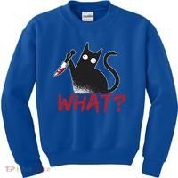 Cat What? Funny Black Cat Murderous Cat With Knife Cool Gift Kids Sweatshirt thumb 0