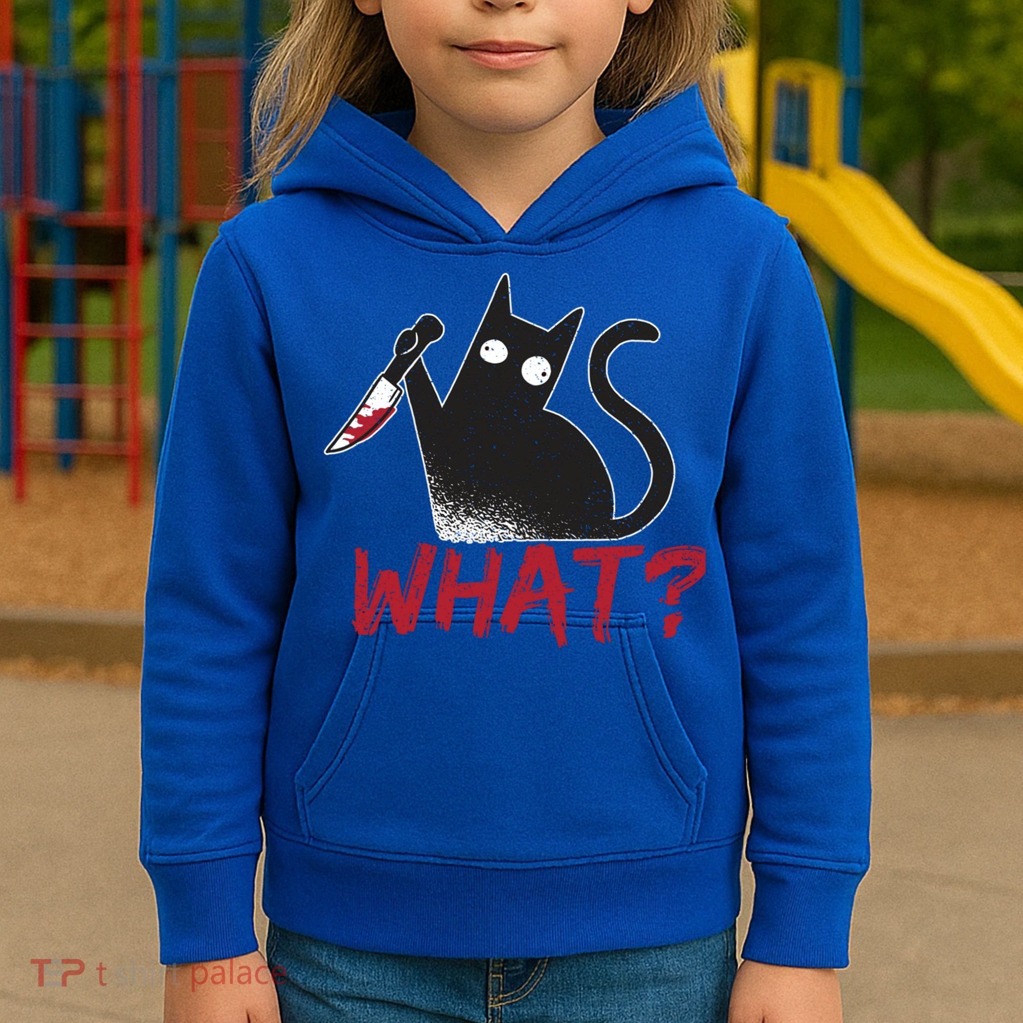Cat What? Funny Black Cat Murderous Cat With Knife Cool Gift Kids Hoodie