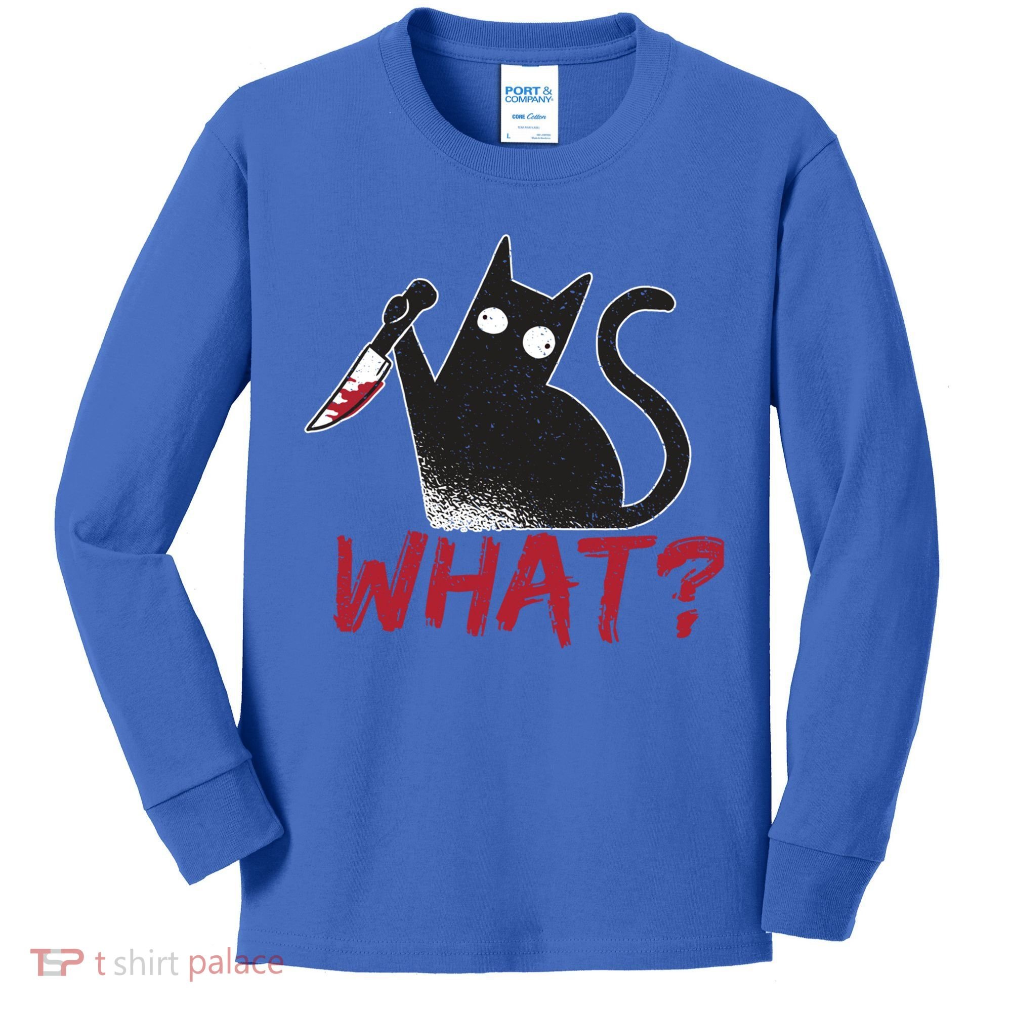 Cat What? Funny Black Cat Murderous Cat With Knife Cool Gift Kids Long Sleeve Shirt