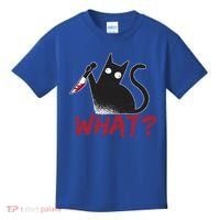 Cat What? Funny Black Cat Murderous Cat With Knife Cool Gift Kids T-Shirt thumb 0