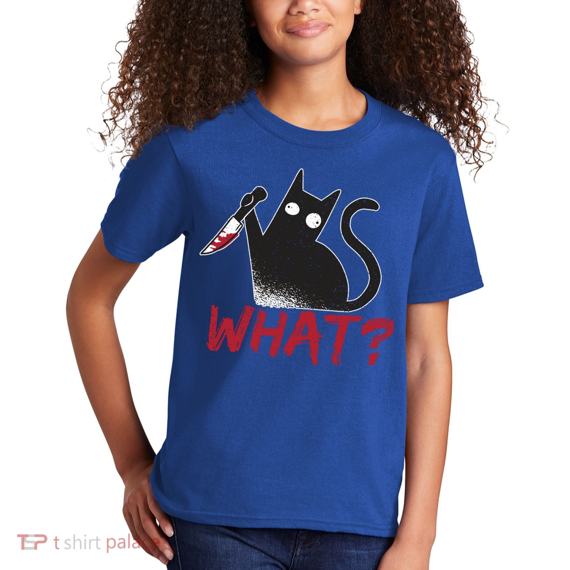 Cat What? Funny Black Cat Murderous Cat With Knife Cool Gift Kids T-Shirt