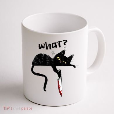 Cat What? Funny Black Cat Shirt, Murderous Cat With Knife Cute Design Coffee Mug back