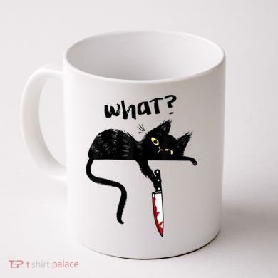 Cat What? Funny Black Cat Shirt, Murderous Cat With Knife Cute Design Coffee Mug