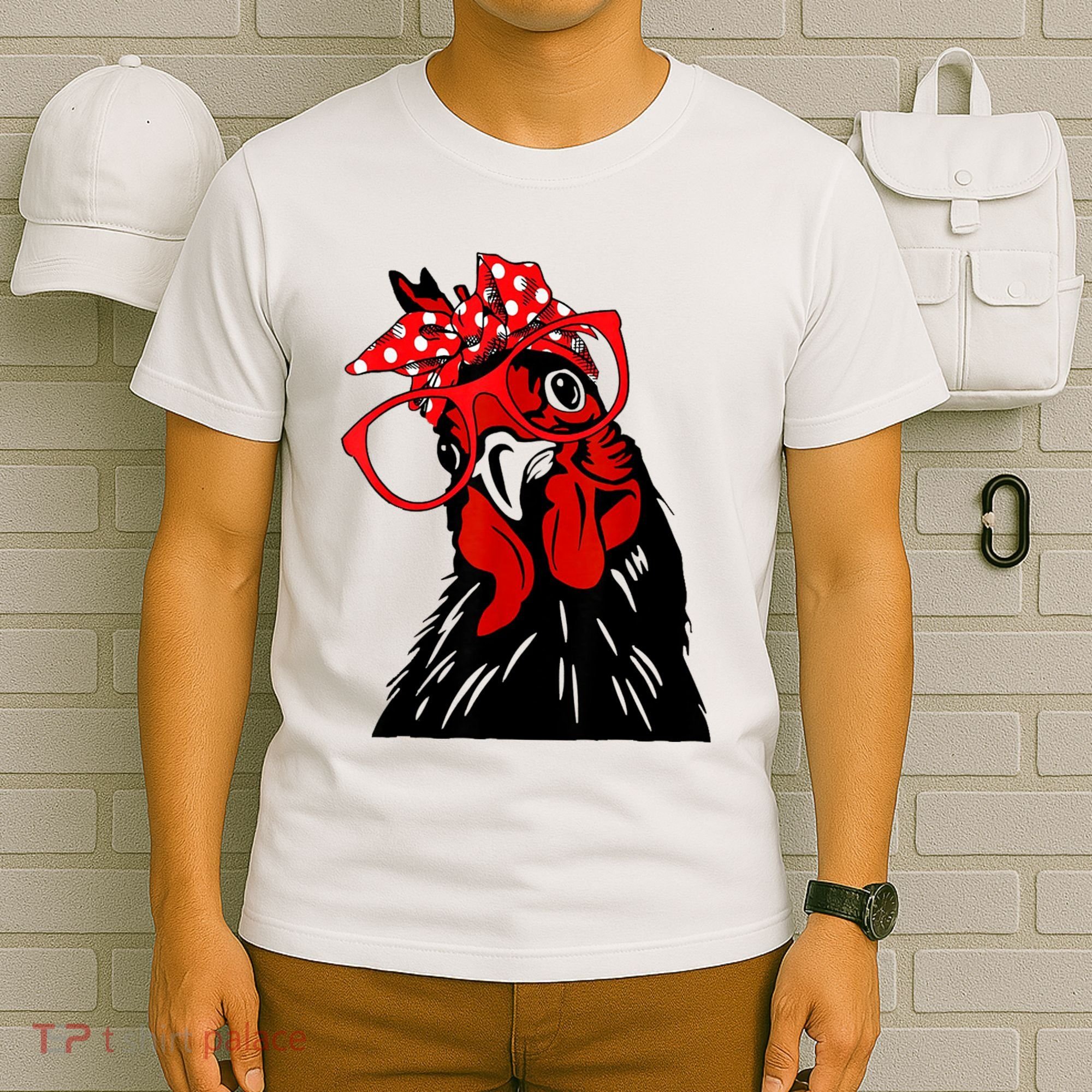 Cute Women Girl Chicken With Bandana Headband And Glasses T-Shirt