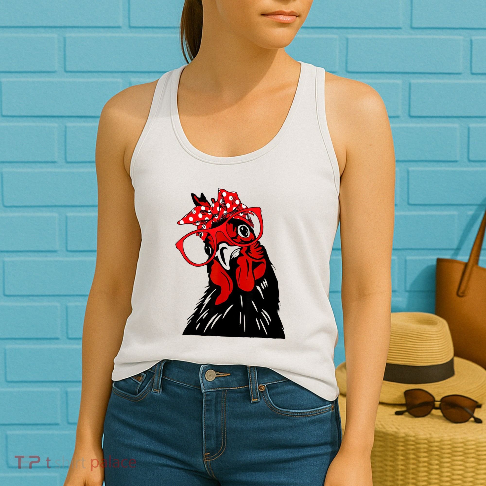 Cute Women Girl Chicken With Bandana Headband And Glasses Women's Tank Top