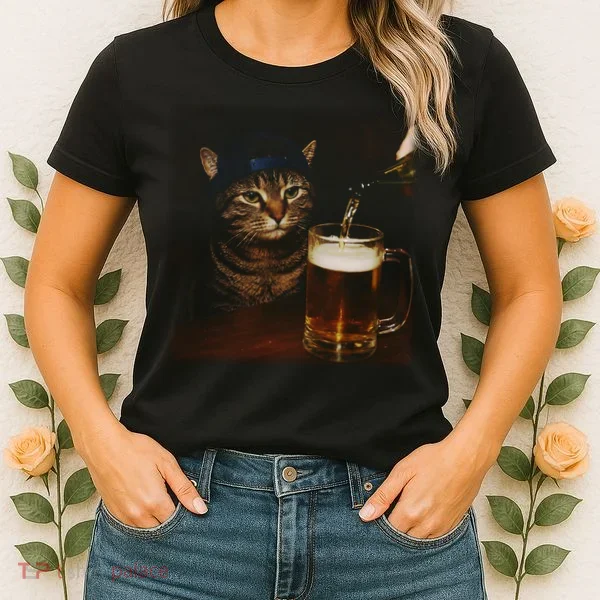 Cat Wearing Hat Getting Beer Poured Unimpressed Tabby Women's T-Shirt