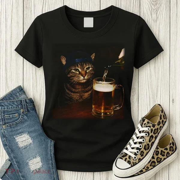 Cat Wearing Hat Getting Beer Poured Unimpressed Tabby Women's T-Shirt