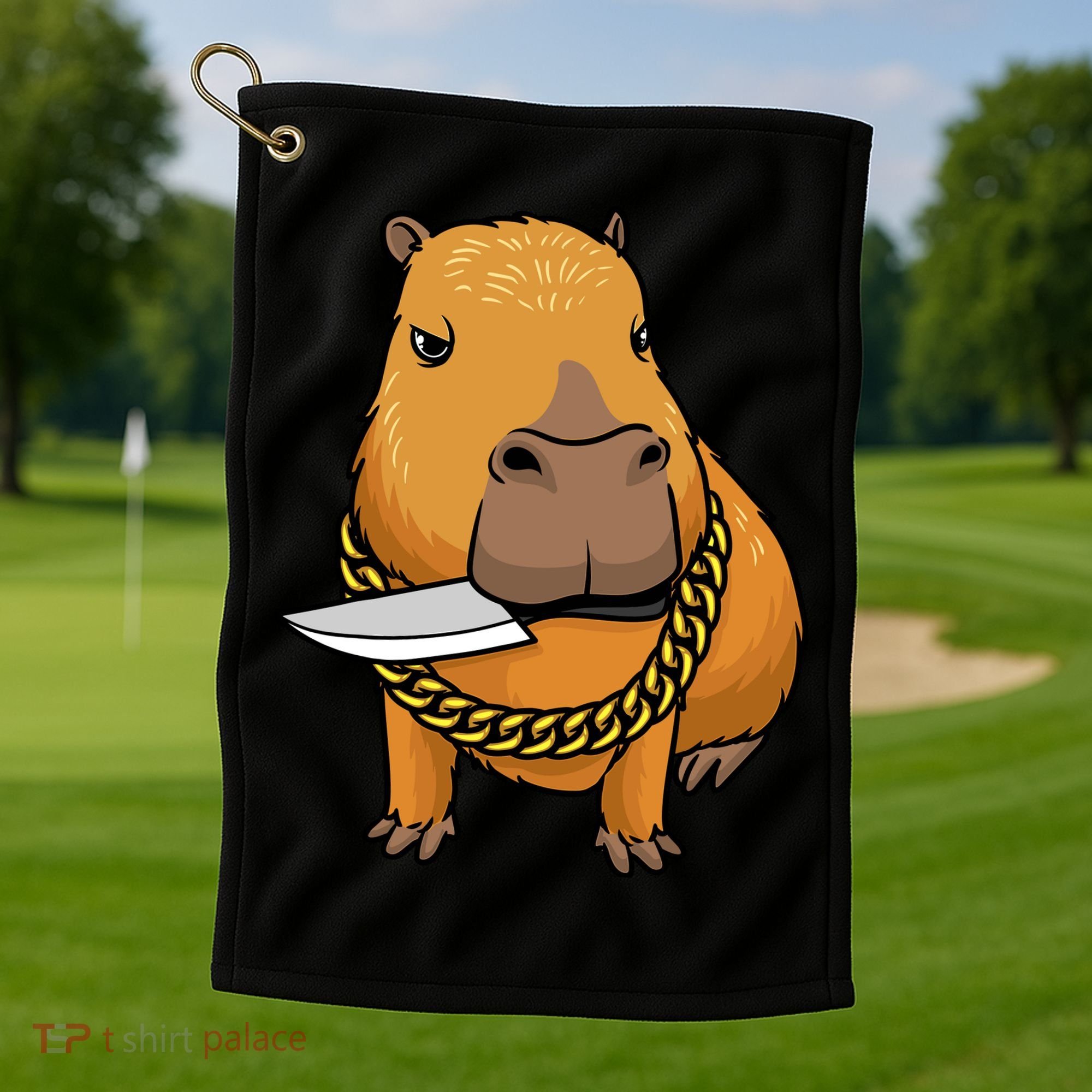 Capybara With Knife Funny Rodent Golf Towel