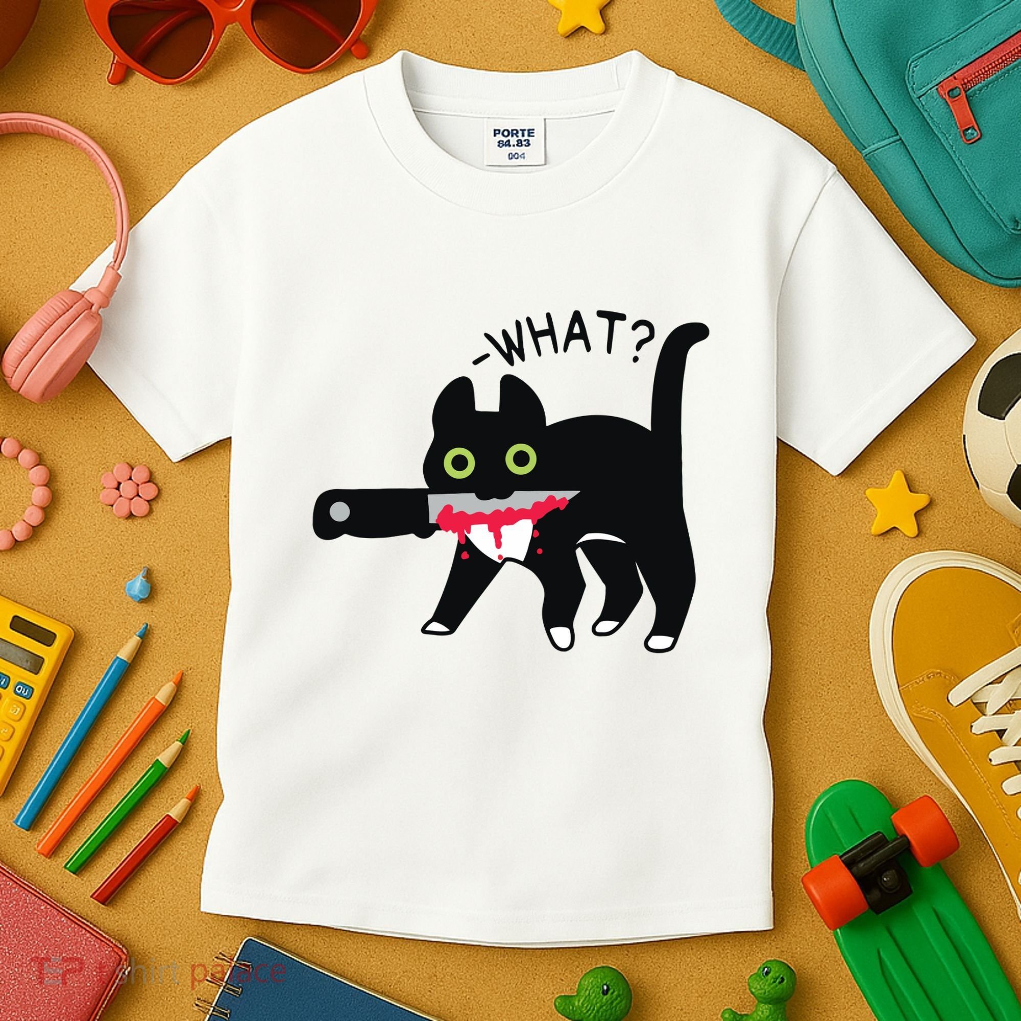 Cat What Murderous Tuxedo Cat With Knife Halloween Costume Kids T-Shirt