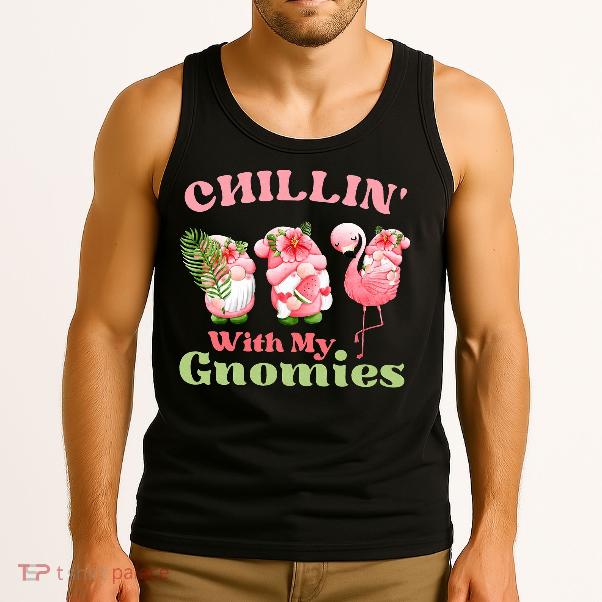 Chillin with my gnomies Tropical gnomes with a flamingo Tank Top