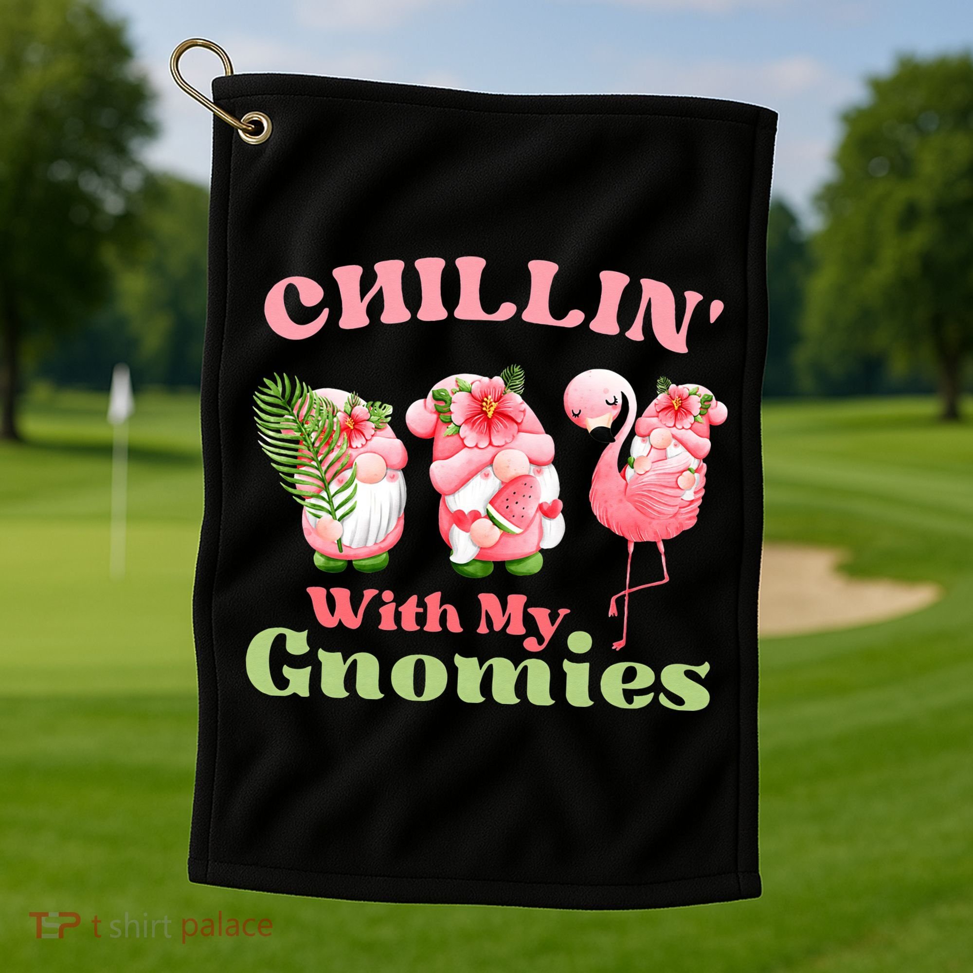 Chillin with my gnomies Tropical gnomes with a flamingo Golf Towel