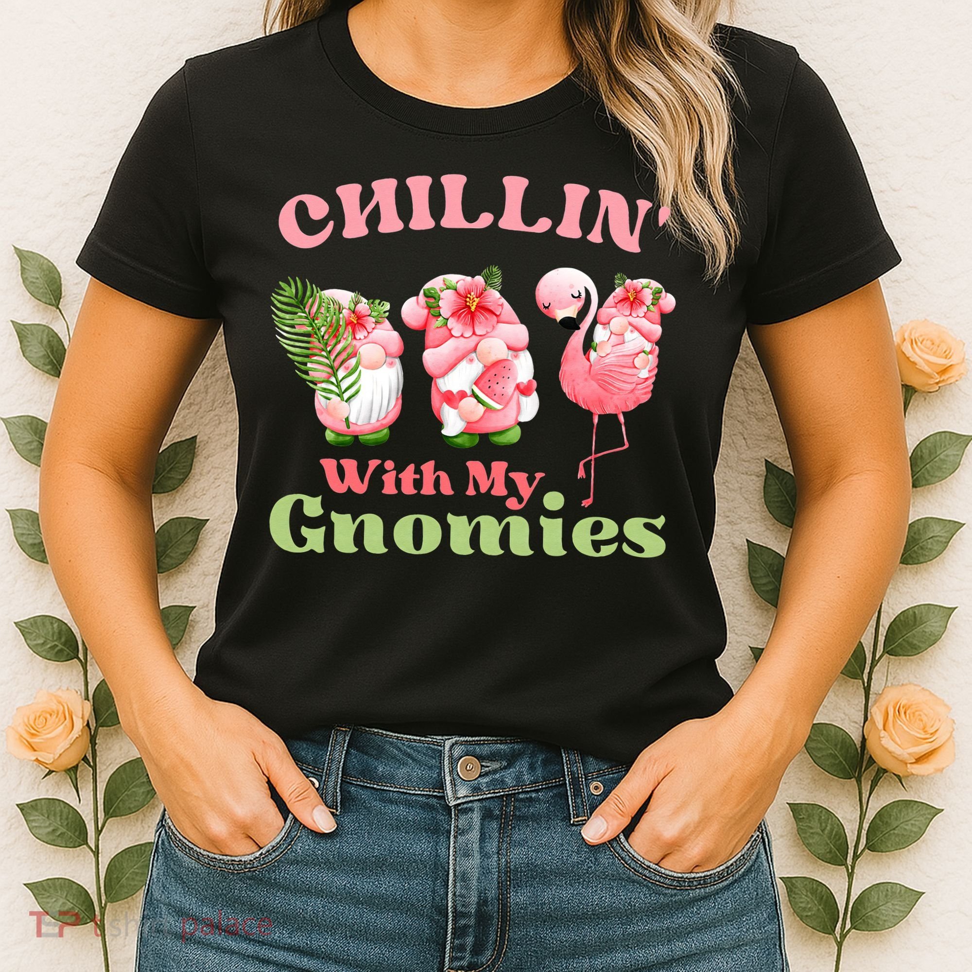 Chillin with my gnomies Tropical gnomes with a flamingo Women's T-Shirt
