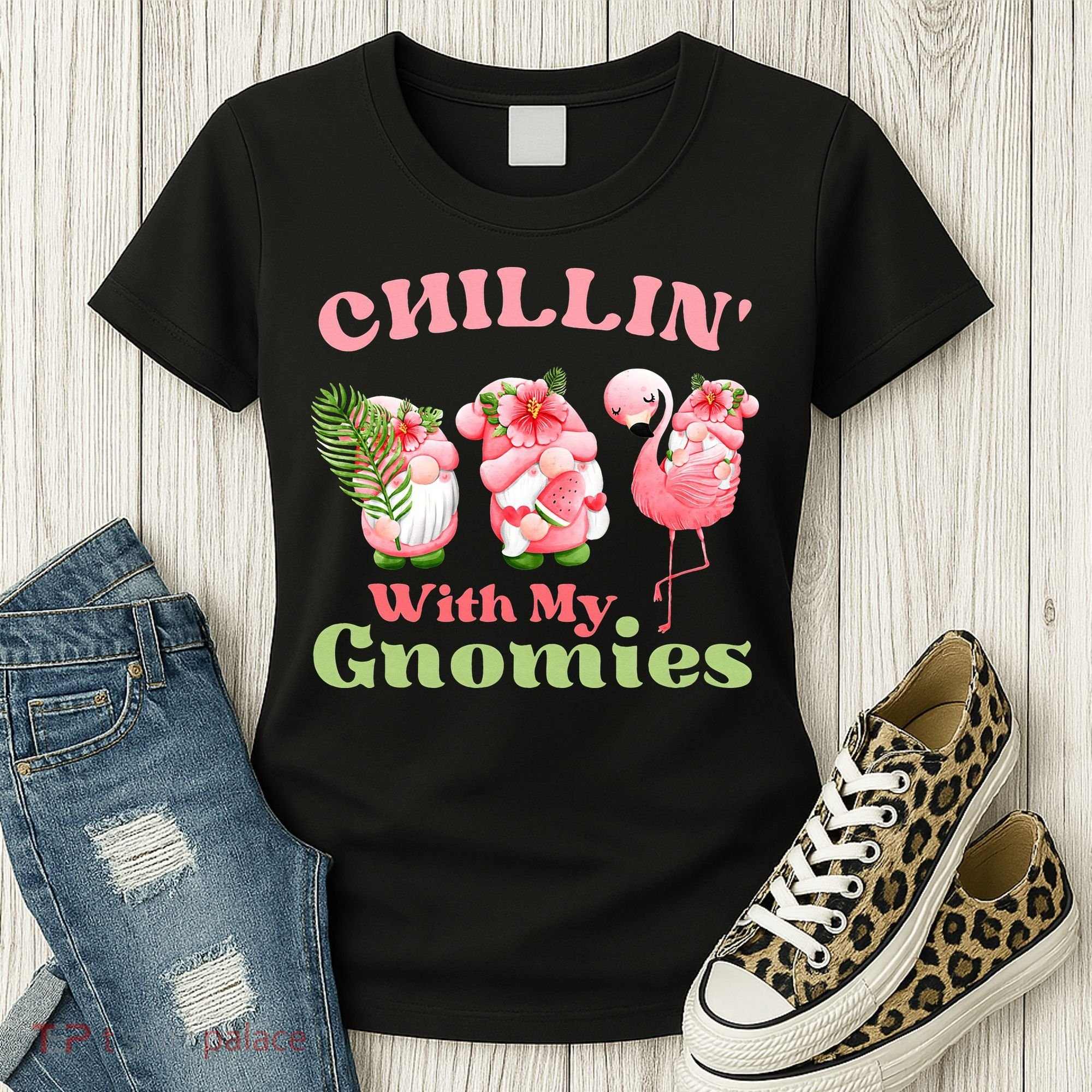 Chillin with my gnomies Tropical gnomes with a flamingo Women's T-Shirt