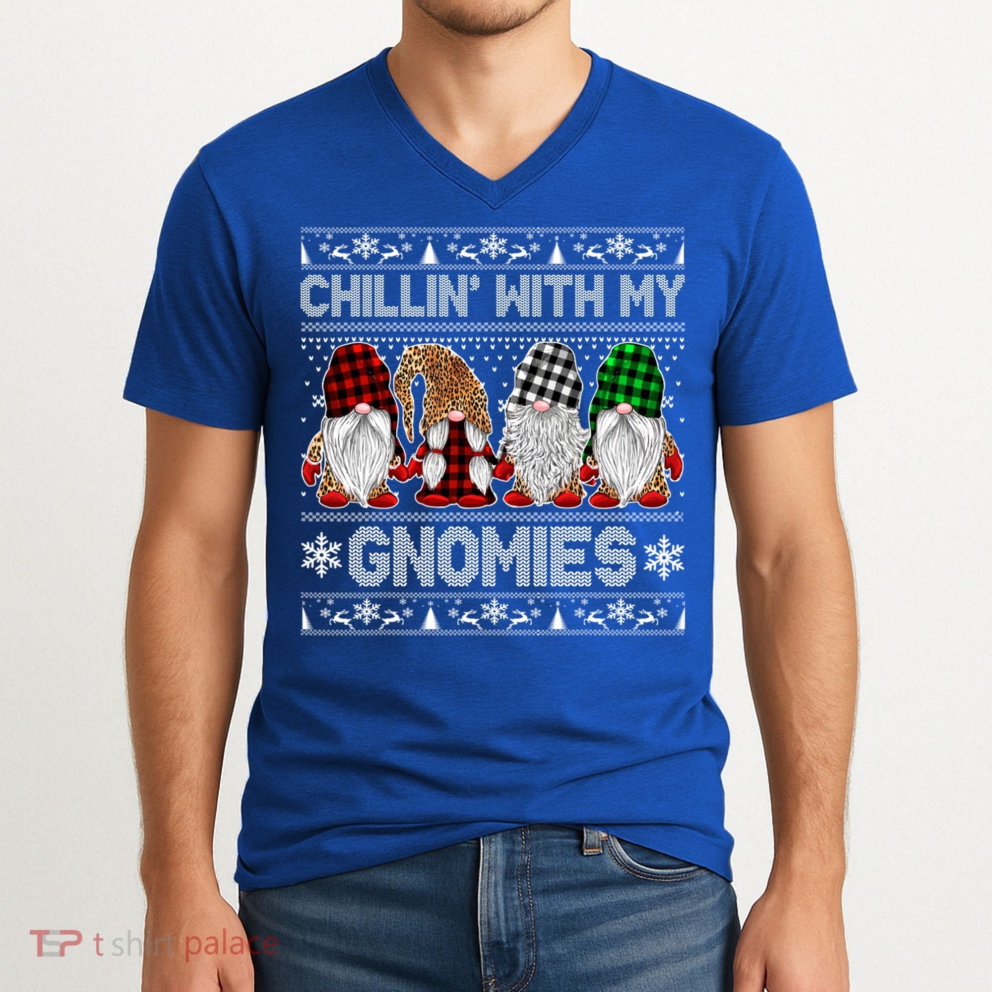 Chillin With My Gnomies Family Ugly Christmas Sweater Gnomes Gift V-Neck T-Shirt