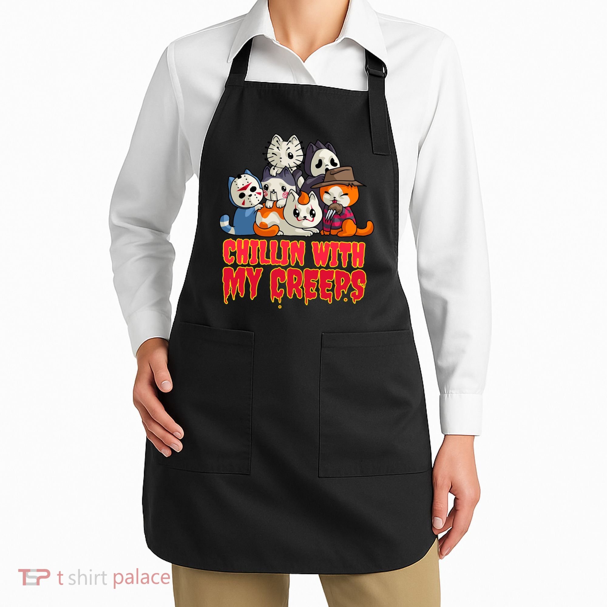 Chillin With My Creeps Funny Cat Horror Movies Serial Killer Apron
