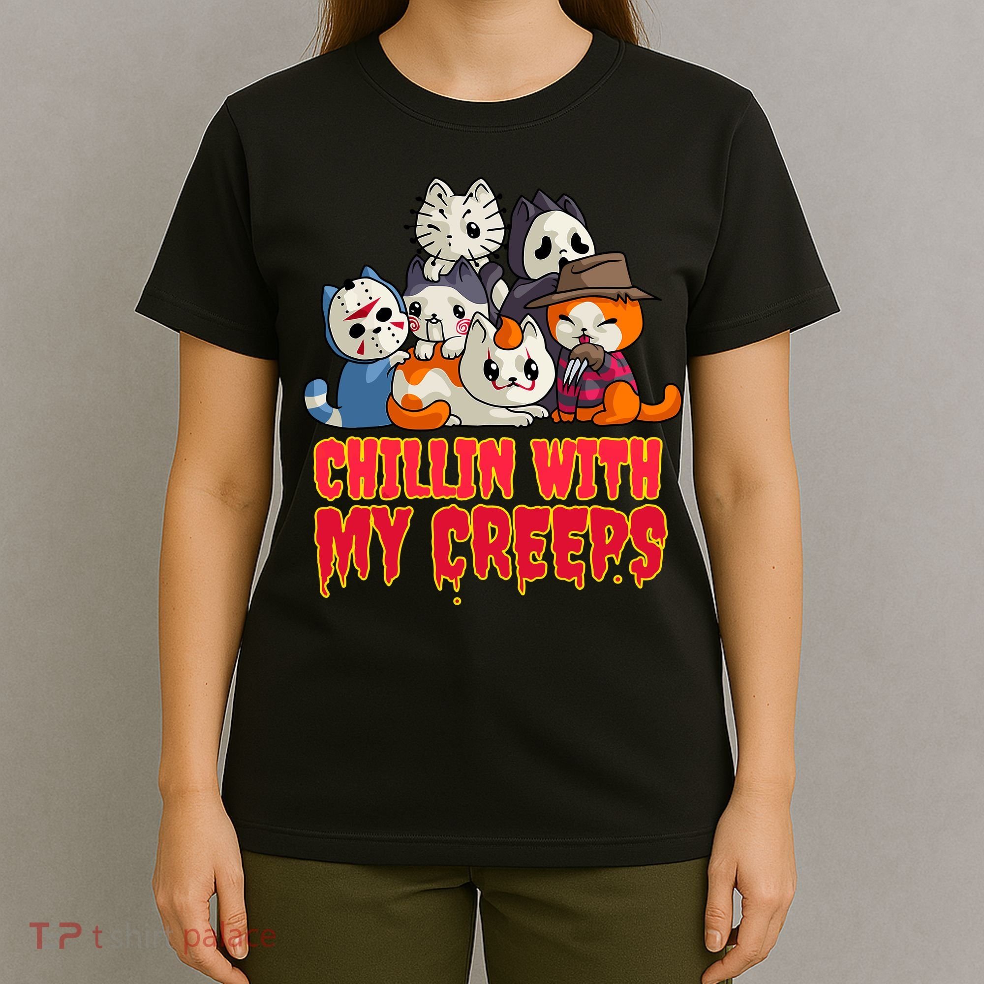 Chillin With My Creeps Funny Cat Horror Movies Serial Killer T-Shirt