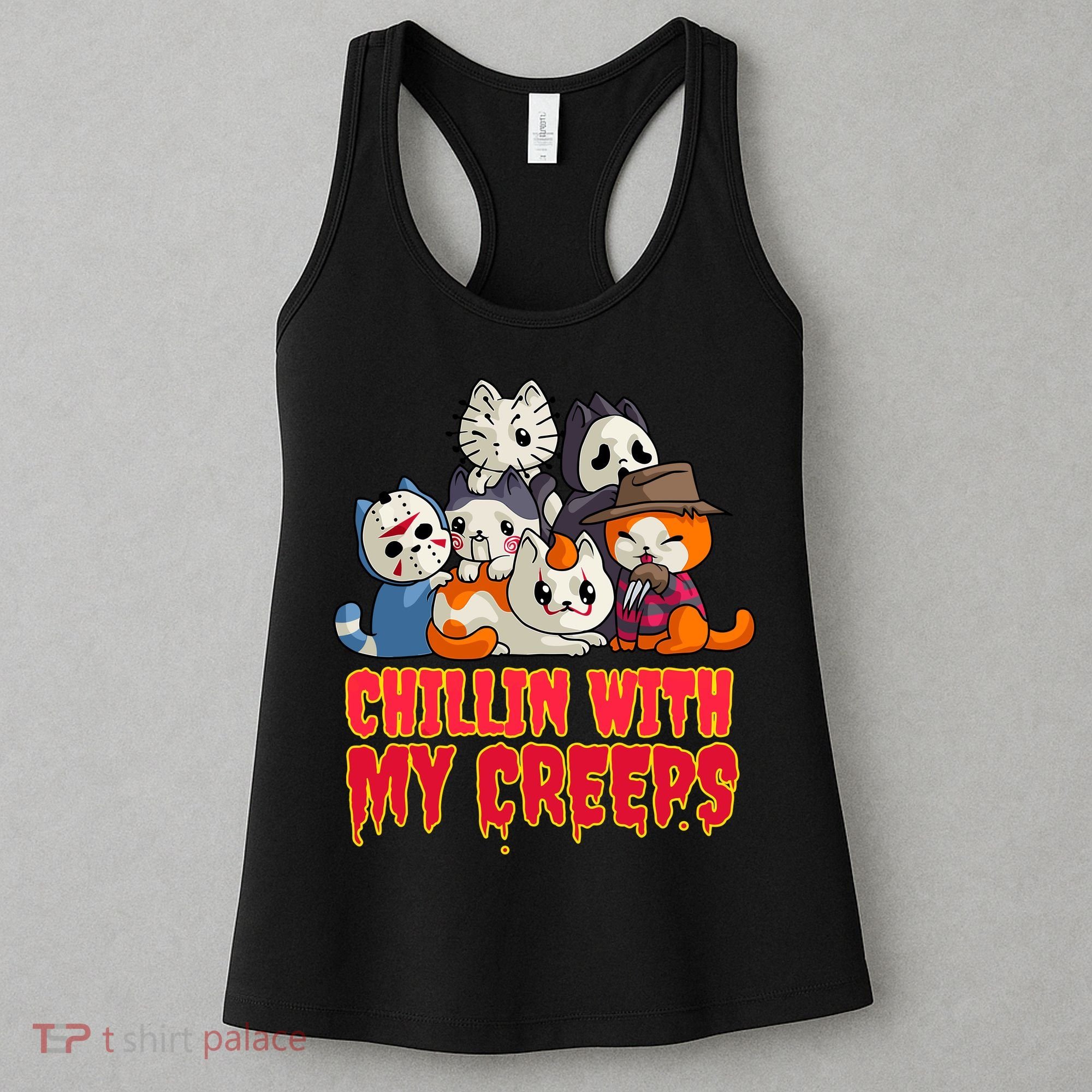 Chillin With My Creeps Funny Cat Horror Movies Serial Killer Women's Tank Top