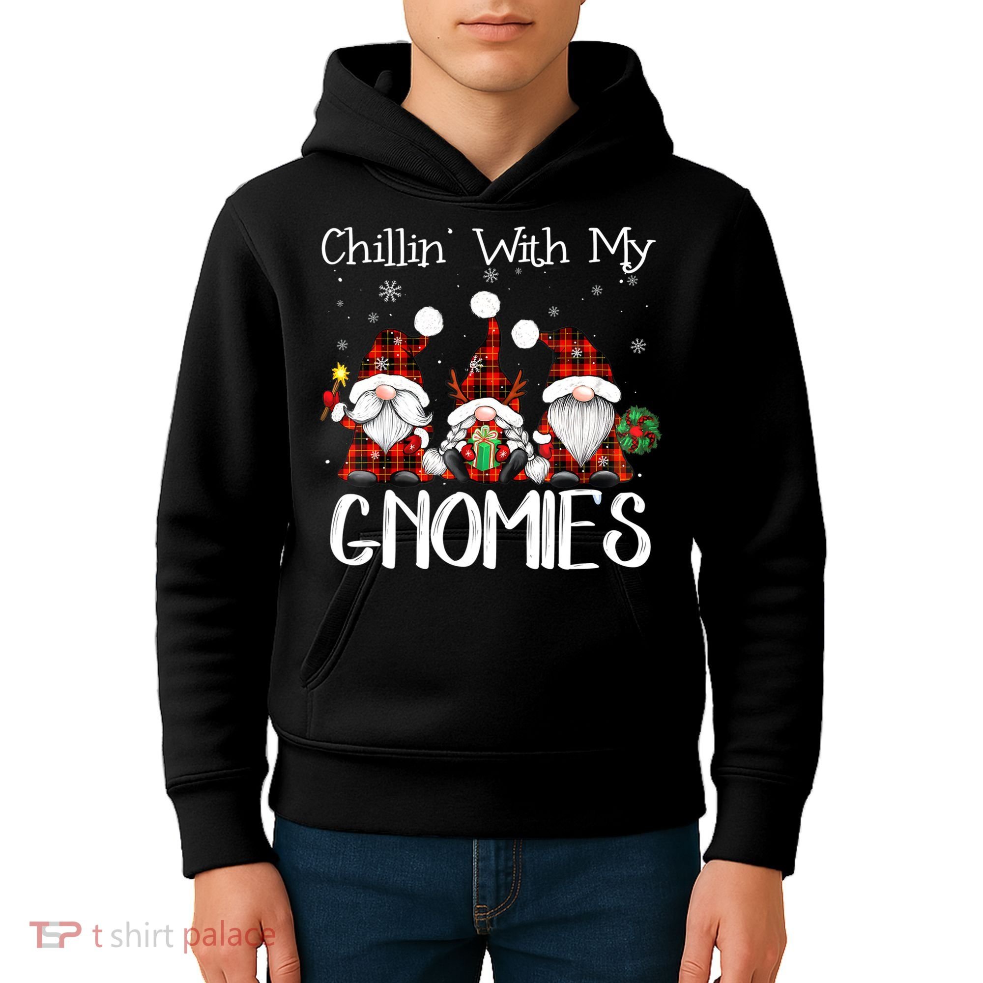 Chillin With My Gnomies Buffalo Red Plaid Christmas Gnome Kids Hoodie