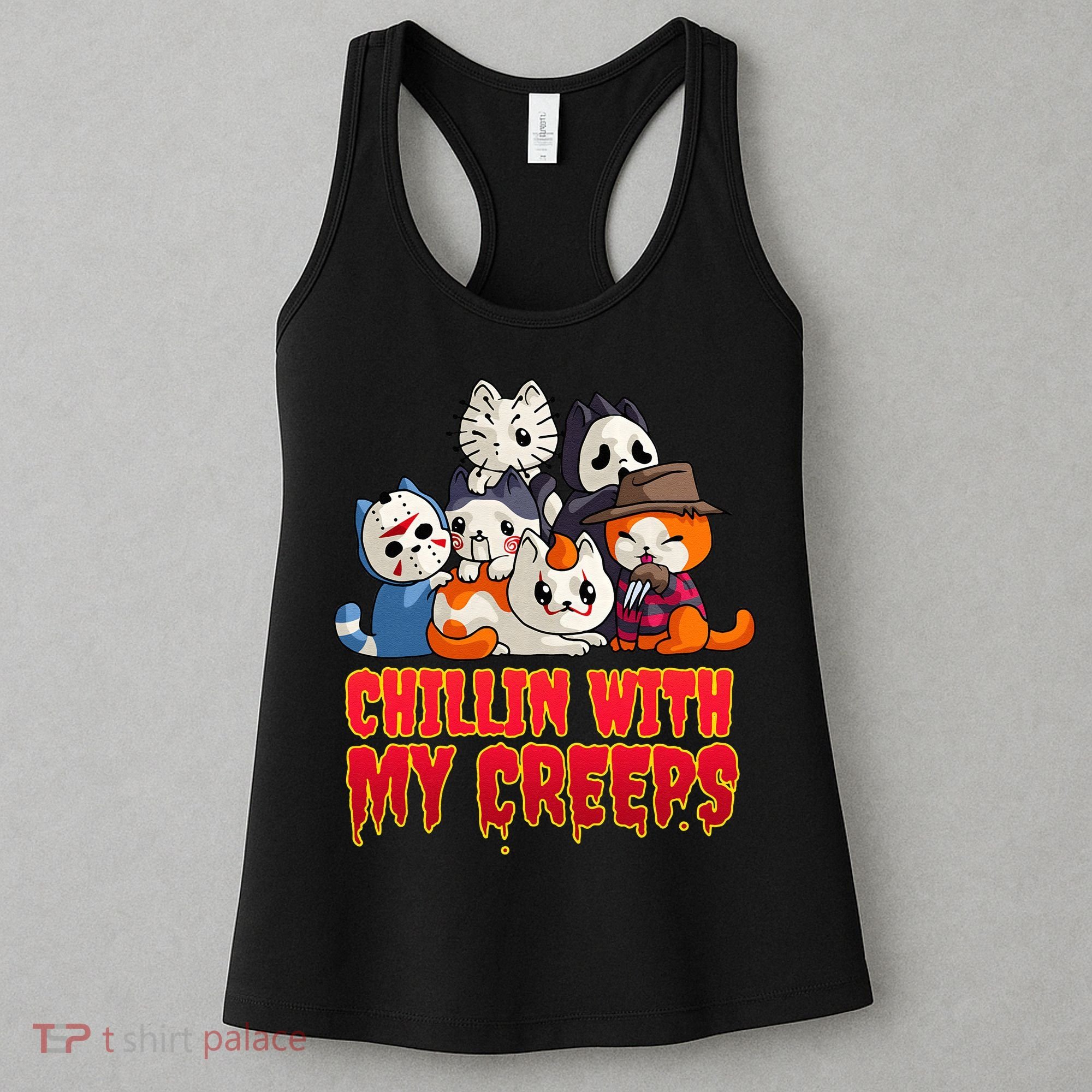 Chillin With My Creeps Funny Cat Horror Movies Serial Killer Women's Tank Top