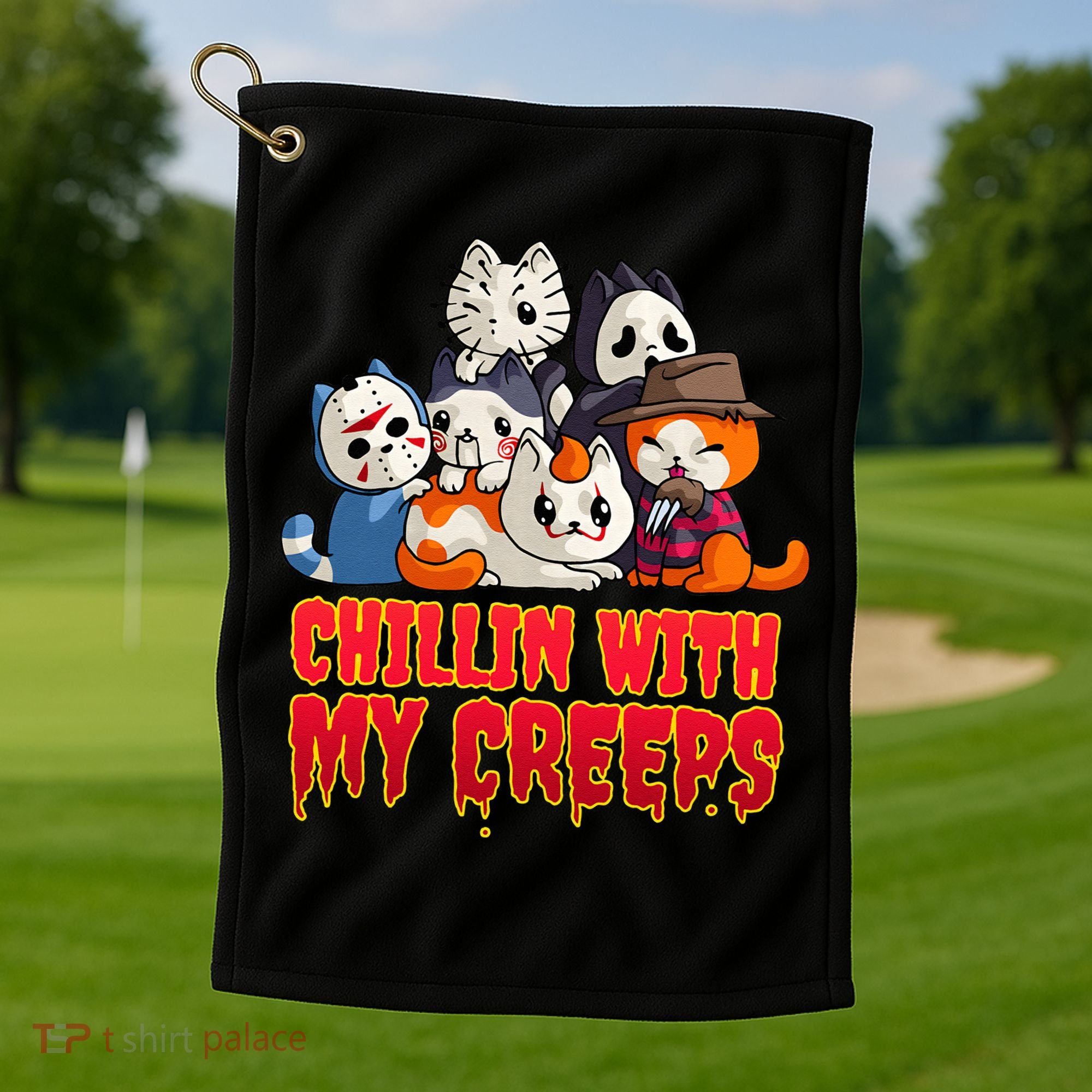 Chillin With My Creeps Funny Cat Horror Movies Serial Killer Golf Towel