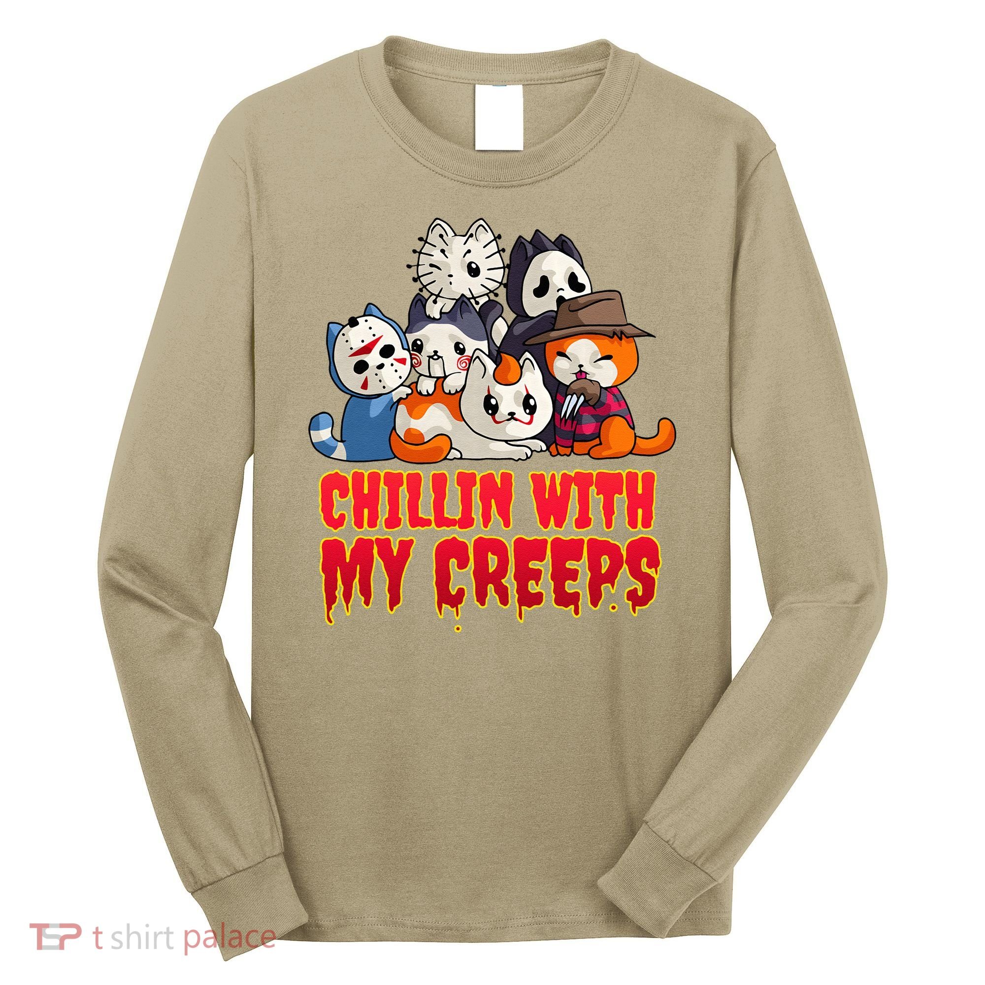 Chillin With My Creeps Funny Cat Horror Movies Serial Killer Long Sleeve Shirt
