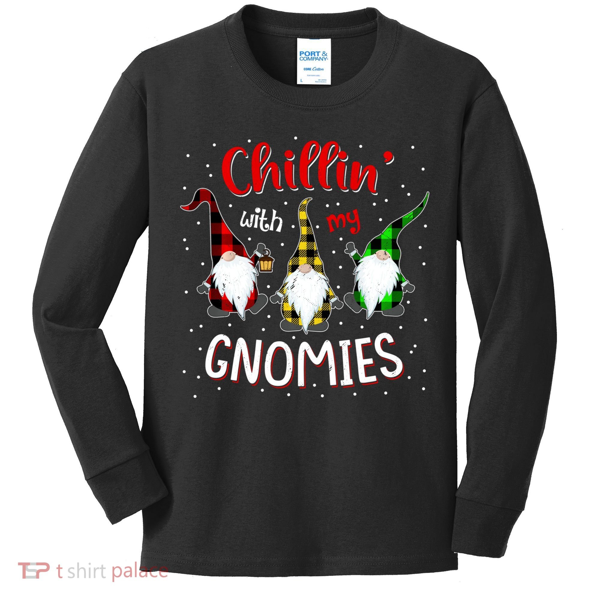 Chillin With My Gnomies Gnome Lover Xmas Buffalo Plaid Kids Long Sleeve Shirt