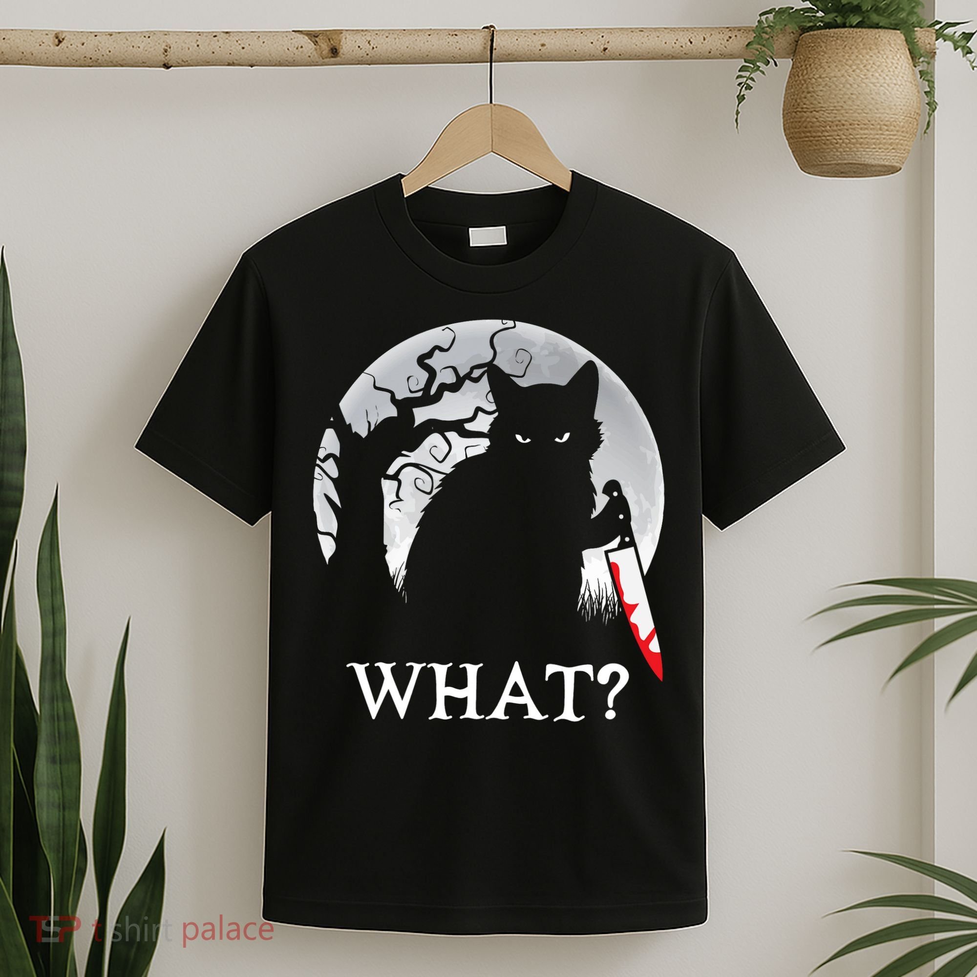 Cat What? Murderous Black Cat With Knife Halloween Cat Black Cat Lover Gift T-Shirt