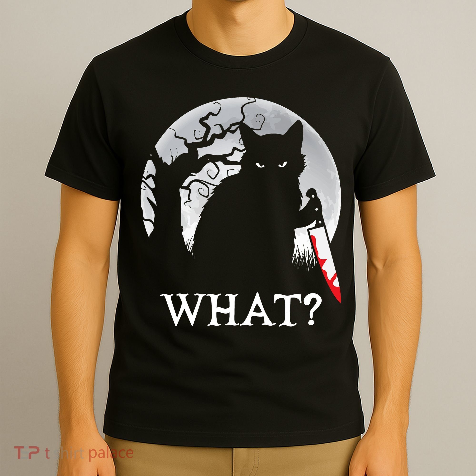 Cat What? Murderous Black Cat With Knife Halloween Cat Black Cat Lover Gift T-Shirt