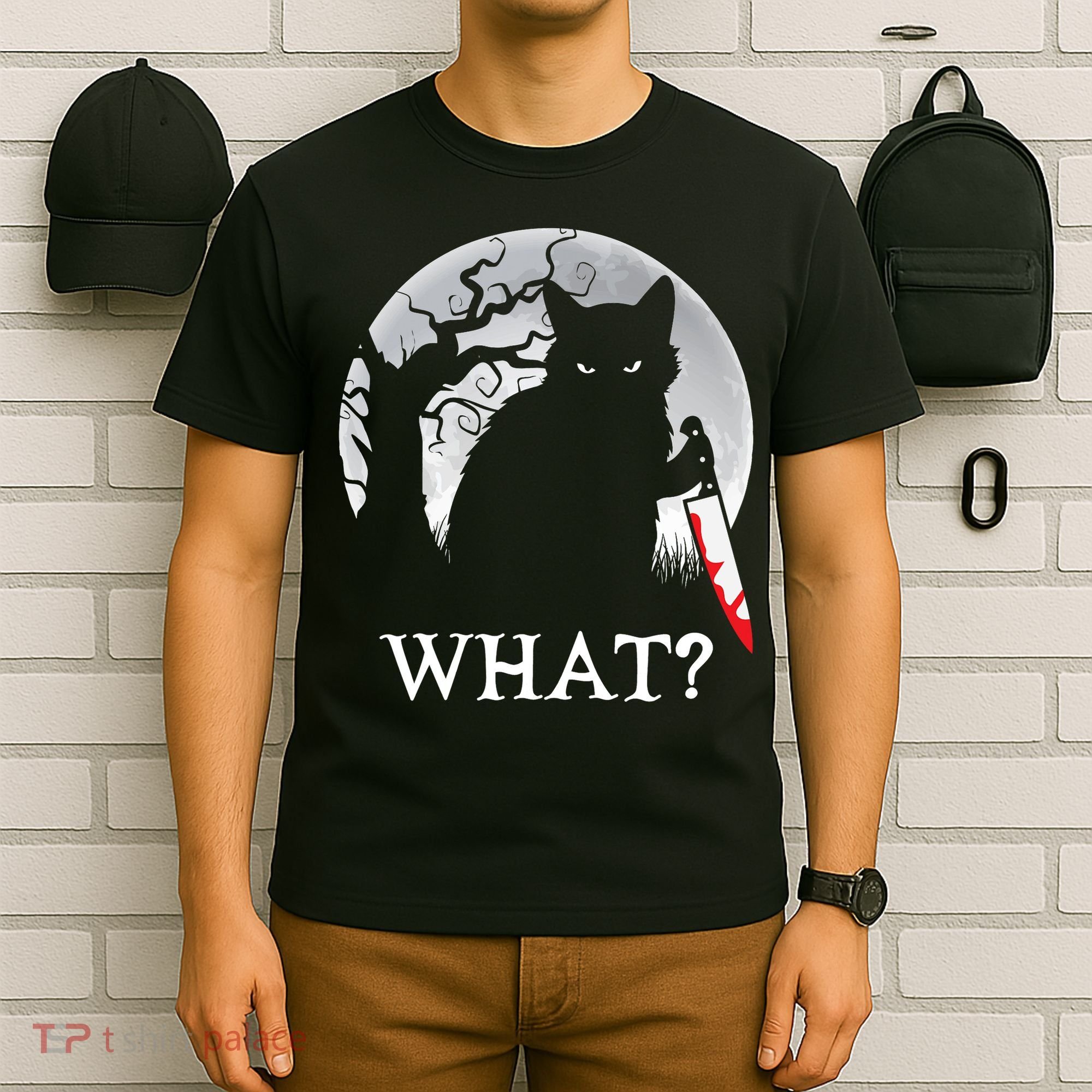 Cat What? Murderous Black Cat With Knife Halloween Cat Black Cat Lover Gift T-Shirt