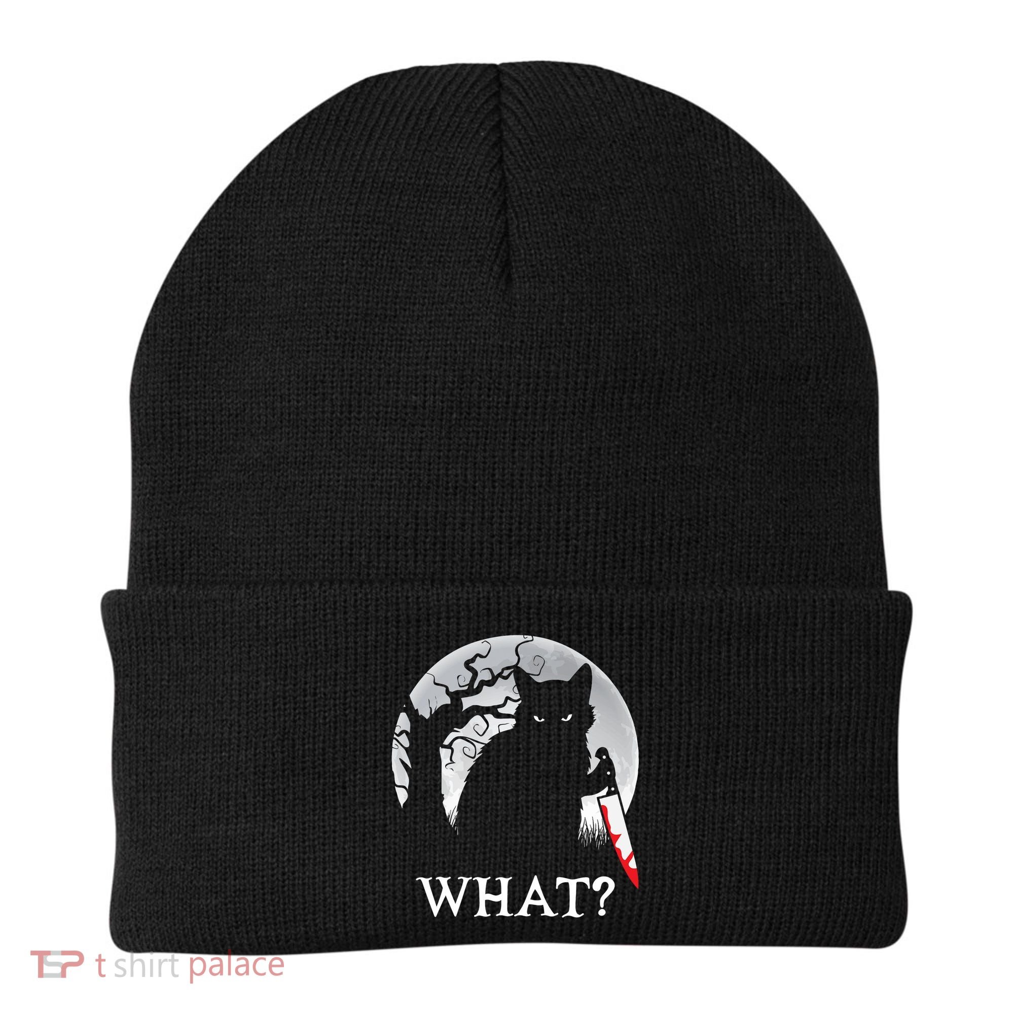 Cat What? Murderous Black Cat With Knife Halloween Cat Black Cat Lover Gift Beanie