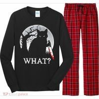 Cat What? Murderous Black Cat With Knife Halloween Cat Black Cat Lover Gift Long Sleeve Pajama Set thumb 0