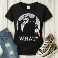 Cat What? Murderous Black Cat With Knife Halloween Cat Black Cat Lover Gift Women's T-Shirt thumb 3