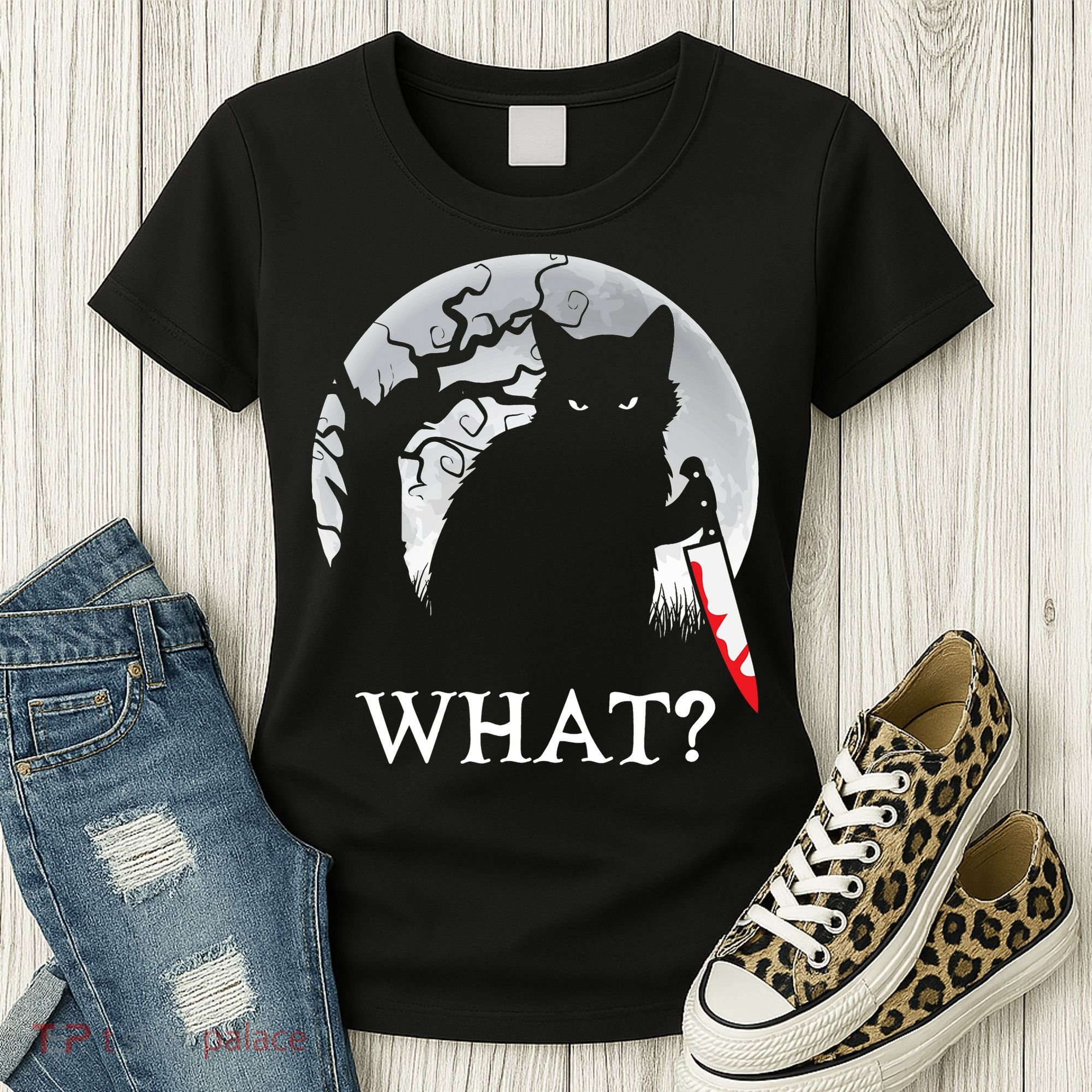 Cat What? Murderous Black Cat With Knife Halloween Cat Black Cat Lover Gift Women's T-Shirt