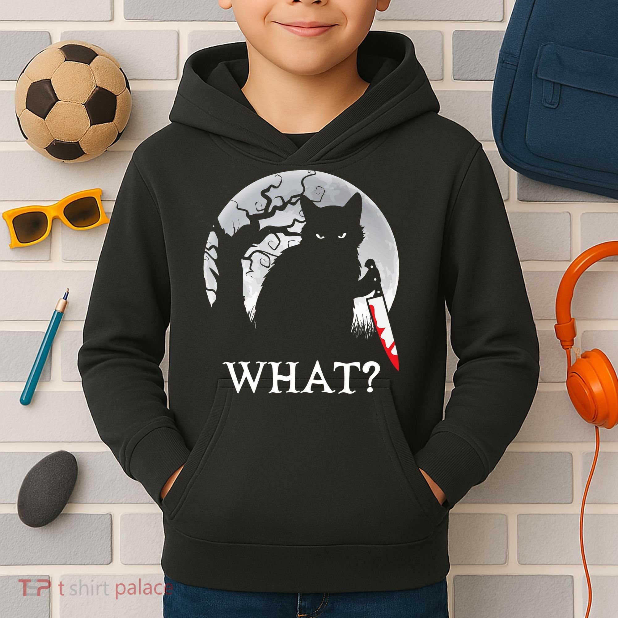 Cat What? Murderous Black Cat With Knife Halloween Cat Black Cat Lover Gift Kids Hoodie