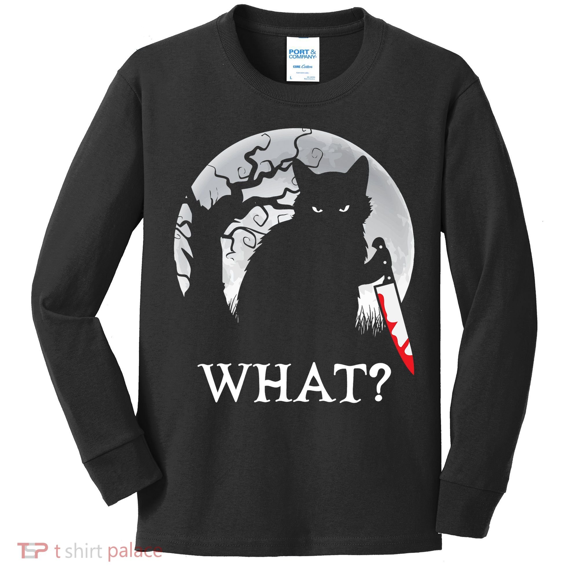 Cat What? Murderous Black Cat With Knife Halloween Cat Black Cat Lover Gift Kids Long Sleeve Shirt