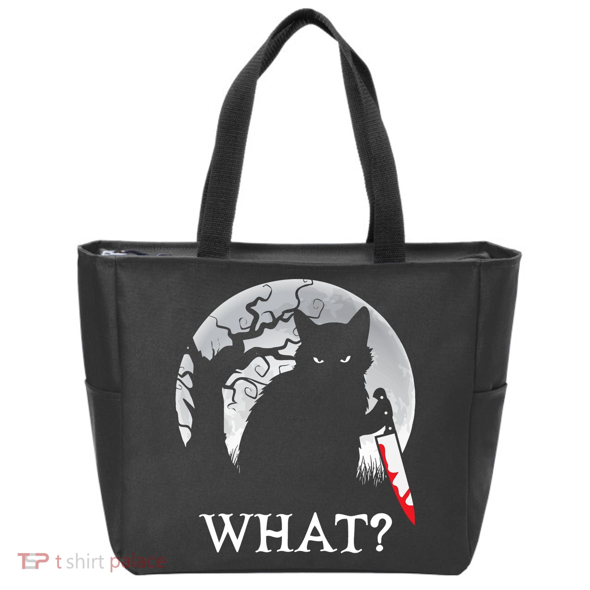 Cat What? Murderous Black Cat With Knife Halloween Cat Black Cat Lover Gift Tote Bag